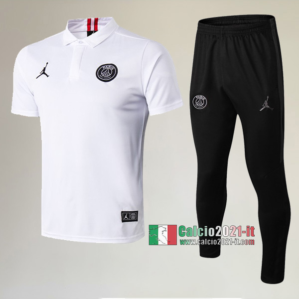La Nuove Kit Maglietta Polo PSG Paris Saint Germain Manica Corta Jordan + Pantaloni Bianca 2019/2020
